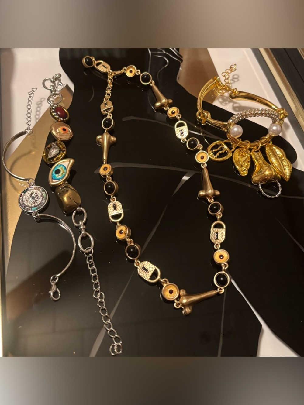 Gold Eye Charm Necklace and Bracelets Set - 3 Bracelets-1 Necklace